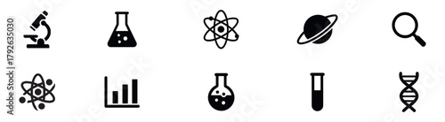 Science laboratory icons. Chemistry symbols, lab equipment, chemical analysis, science research, scientific experiment, laboratory tools on white background. Vector Illustration.