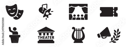 Theater icons set. Solid style with drama masks, stage, tickets, professional for app ui. Vector Illustration.