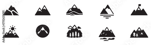 Mountains icon vector set. Hike, travel illustration sign collection. camping symbol. Vector Illustration.