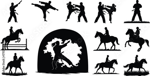 Silhouette vector illustration of martial arts and horseback riding—dynamic poses, athletic movement, physical discipline, sports action, equestrian and combat training