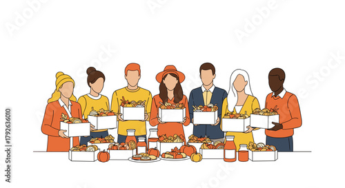 Diverse group happily shares abundant harvest bounty in vibrant autumn celebration