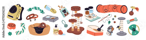 Accessories for cats and dogs set. Pets' items. Petshop goods for caring and grooming. Domestic animals' supplies: bowls, food, litter box. Flat isolated vector illustrations on a white background.