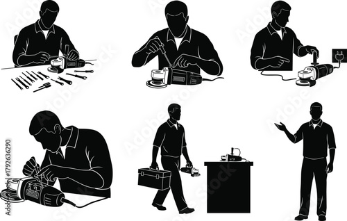 Silhouette vector illustration of technician repairing electronic devices—tool usage, inspection process, maintenance workflow, troubleshooting setup, professional repair station