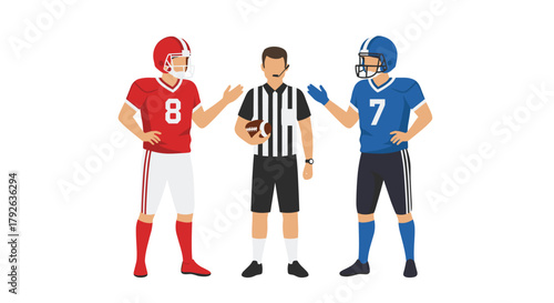 Diverse sports figures, including a referee and football players in red and blue uniforms, engage in a game discussion