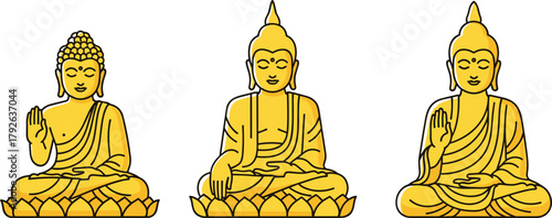 Three stylized Buddha figures on lotus flowers, vector illustration for spiritual symbolism, mindfulness education, and editorial Buddhist content