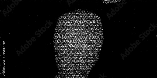 Abstract Dot Head Silhouette Made of Tiny White Dots Against Black Background, Modern Digital Art Concept