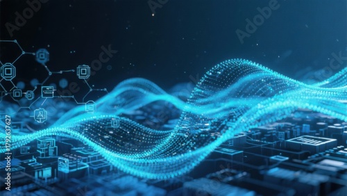 Abstract futuristic technology network connection with blue energy wave flow