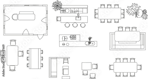 Top-view architectural illustration of furniture layouts and room arrangements for interior design, space planning, and vector content