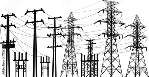 Silhouette vector illustration of utility poles and transmission towers with transformers—electrical grid infrastructure, voltage system, energy distribution network layout