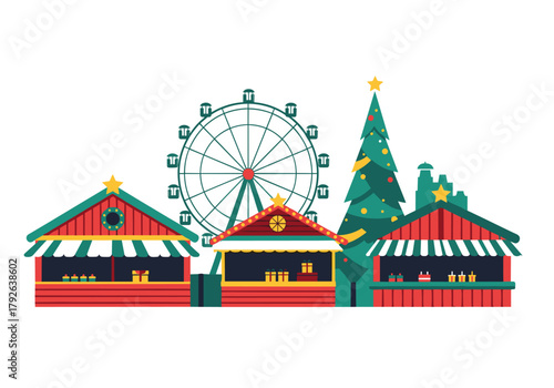 Christmas market stalls with Ferris wheel and Christmas tree backdrop  