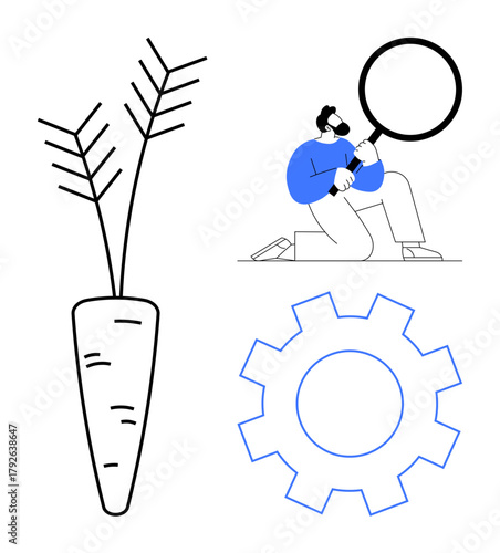 Male figure examines closely with magnifying glass, next to carrot illustration and cogwheel. Ideal for research, agriculture, innovation, mechanics, focus, problem-solving growth. Simple flat