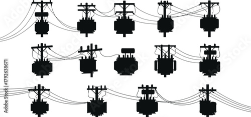 Silhouette vector illustration of utility poles with transformers and power lines—electrical grid infrastructure, voltage system, energy distribution network layout