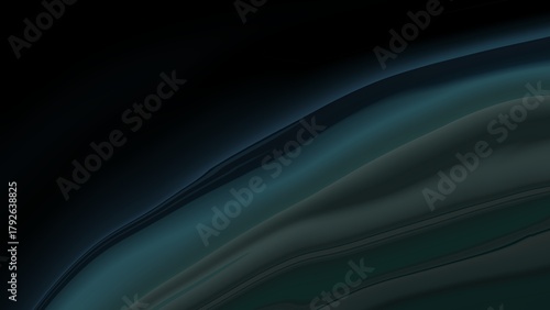 Abstract Dark Layered Waves In Teal And Blue Gradient, Black Background. Smooth Flow Design Element, Web Header Poster Banner.