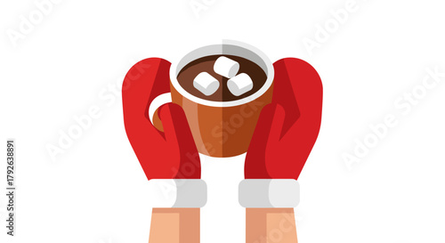 Red mittens holding cup of cocoa with marshmallows for Christmas  