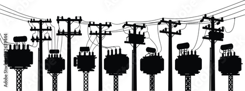 Silhouette vector illustration of electrical transformers on utility poles and towers—power grid infrastructure, voltage system, energy distribution network layout