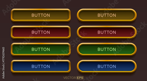 A set of glossy 3D-style buttons with golden frames and varied colors, ideal for game UI or modern web design.