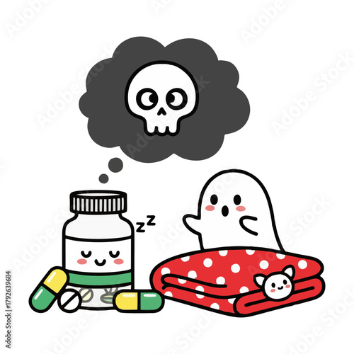 Cartoon illustration of a ghost contemplating an overdose of sleeping pills.