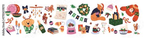 Christmas items set. Cute Xmas ornaments: bells, festive gifts, pine wreath, Santa's socks. Cozy elements of New Year and winter holidays. Flat isolated vector illustrations on white background.