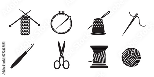 Minimalist black icons set for knitting and sewing — ideal for handicraft, education and DIY content.