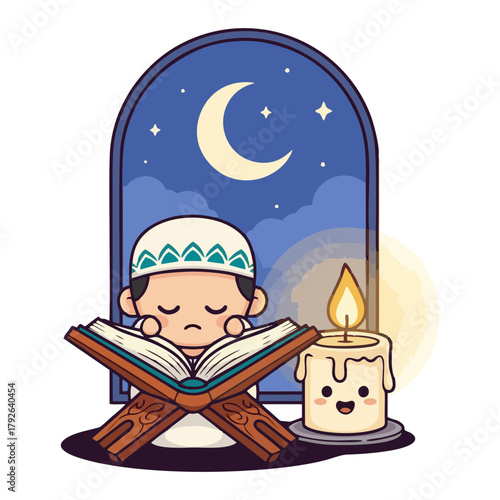 Cartoon of a Muslim boy reading the Quran by candlelight at night.