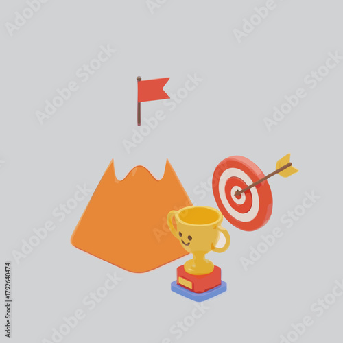 Cartoon illustration of a mountain, target, flag, and trophy on a gray background.