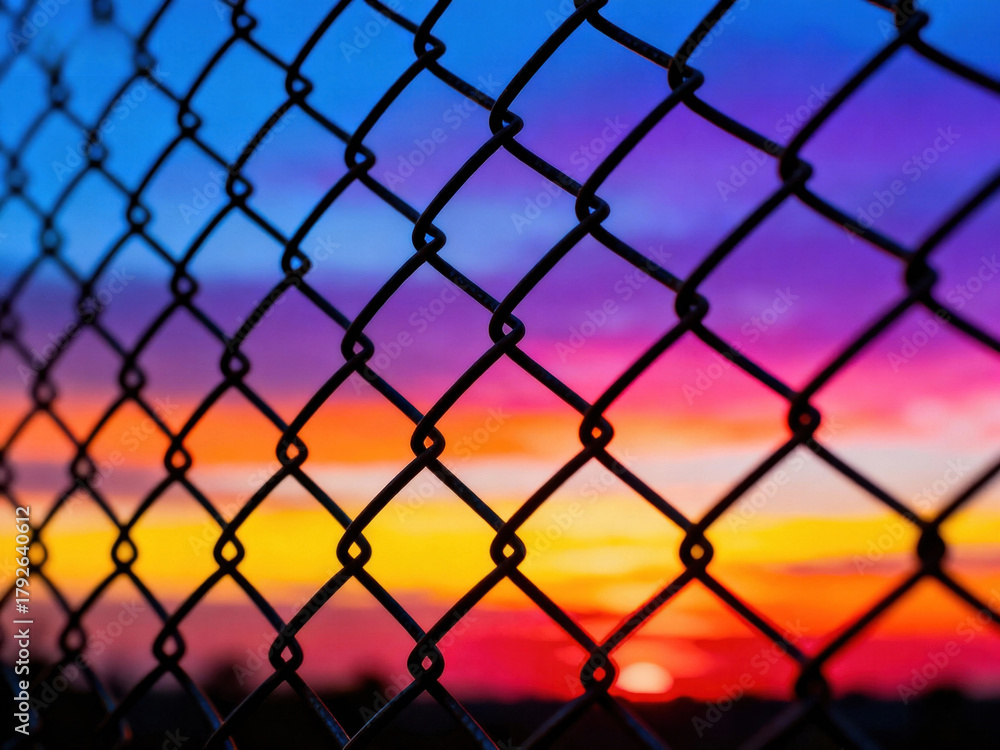 Fototapeta premium A vibrant sunset is visible through a chain link fence, showcasing a blend of colorful hues in the sky.