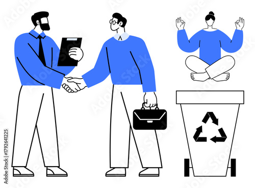 Two professionals shake hands while another person meditates above a recycling bin with a cycle sign. Ideal for themes thumbs up teamwork, sustainability, mindfulness, balance, collaboration