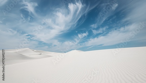 Fototapeta Naklejka Na Ścianę i Meble -  Serene Horizon. White Dunes Under Whispering Skies of Cerulean and Ivory.
