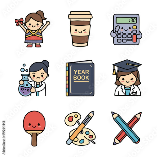 Cute cartoon icons of school, education, and student life.
