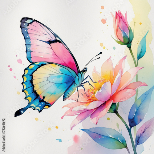 Colorful Butterfly and Blooming Flower Watercolor Art