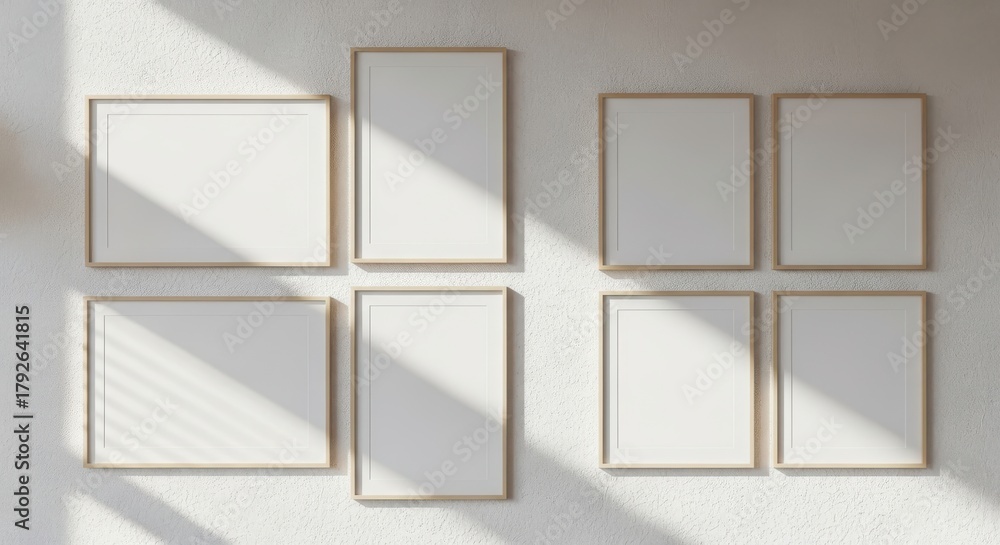 Fototapeta premium Blank picture frames arranged on a textured wall with natural light casting shadows, perfect for mockups and interior design concepts