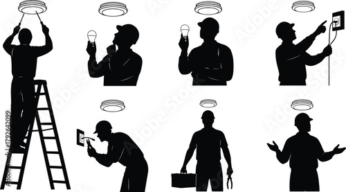 Silhouette vector illustration of technician installing ceiling device—electrical maintenance, safety inspection, home repair, troubleshooting, indoor setup, tool usage