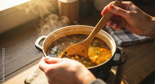 Hands stirring a pot of soup on a wooden table