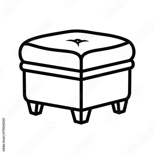 Simple outline drawing of a square upholstered ottoman with four legs