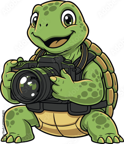 Creative turtle holding a camera and taking a photo
