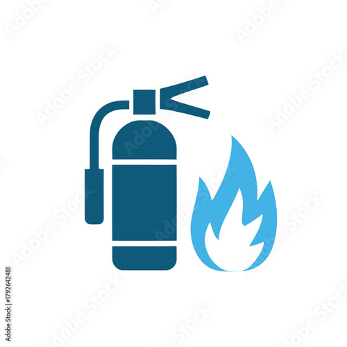 Iconic representation of a blue fire extinguisher next to a stylized blue flame on a white background