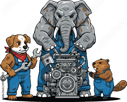 Elephant dog and beaver working together on a mechanical device