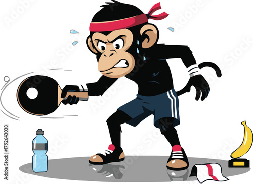 Cartoon monkey boxer training with punching bag and small human