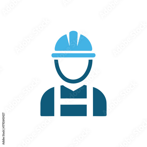 Simple blue icon representing a construction worker wearing a hard hat and safety vest with a clean white background