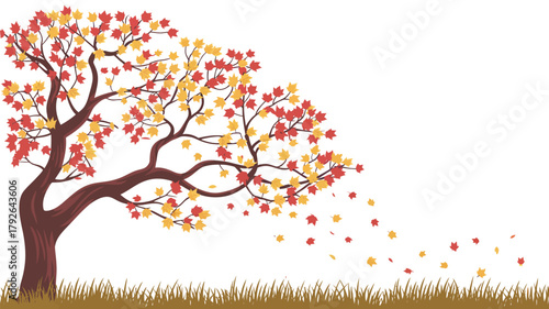 a tree with red and yellow leaves blowing in the wind, grass at the bottom edge, hand-drawn vector perfect for autumn, seasonal, and nature-themed designs.