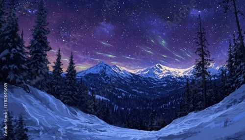 Majestic snow covered mountains illuminate beneath a vibrant celestial display at night