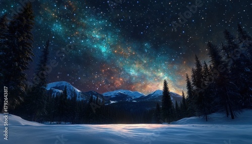 Brilliant celestial band arches over snow covered mountains and dark evergreen forest