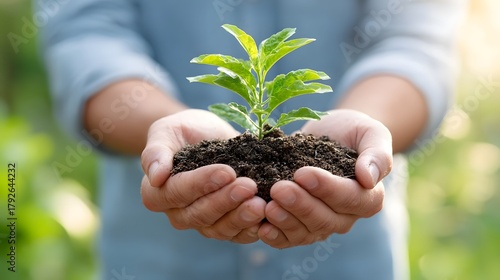 A pair of hands carefully cradles a small plant with fresh green leaves emerging from dark fertile soil representing hope and the nurturing power of nature