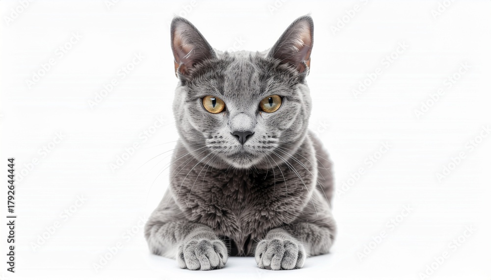 Obraz premium A regal grey cat gazes directly at the viewer, resting on a white background.