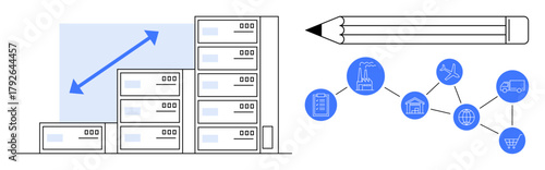 Web servers stacked with an upward growth arrow, a pencil, and blue interconnected icons representing networks, industries, and logistics. Ideal for technology, growth, data, planning logistics