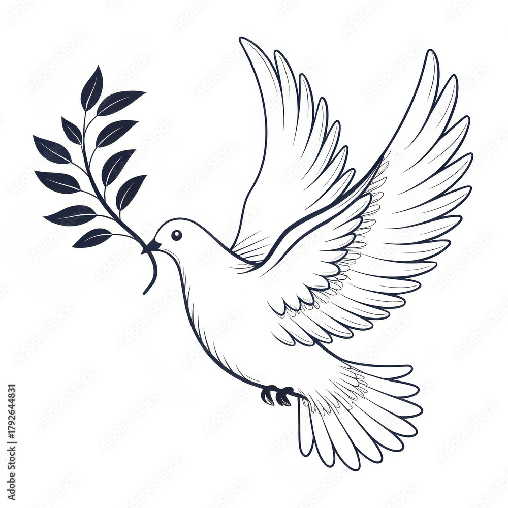 Obraz premium White dove holding olive branch in flight with detailed wings 