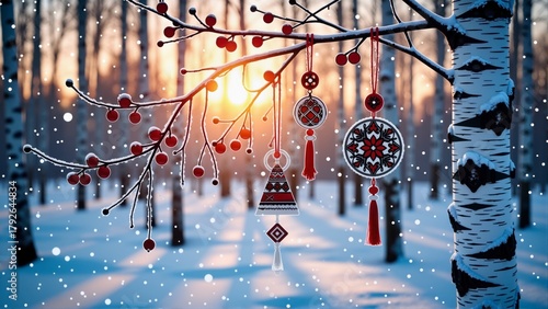 Winter birch forest sunset with snow-covered branch, red berries, and traditional Slavic Christmas ornaments hanging in festive scene