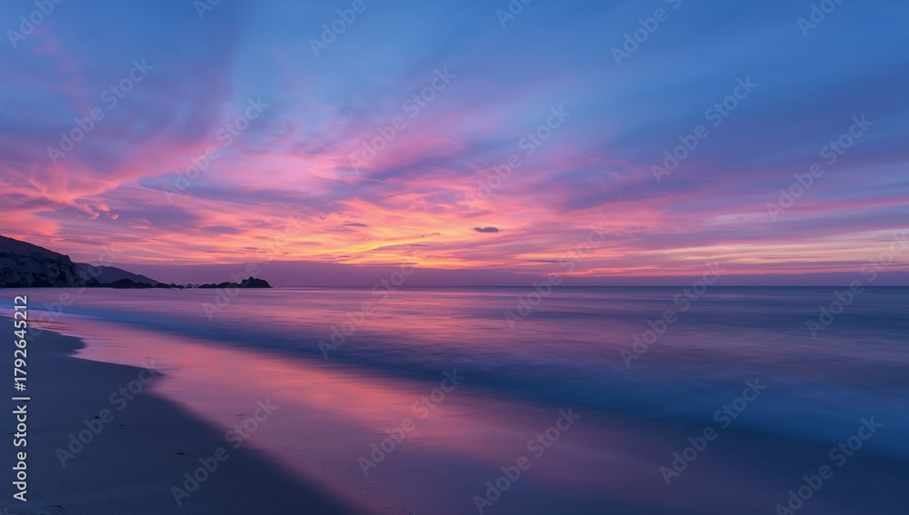 Fototapeta premium Serene Sunset Reflection on Coastline, Colors Blend in Harmony Sky with Rays.