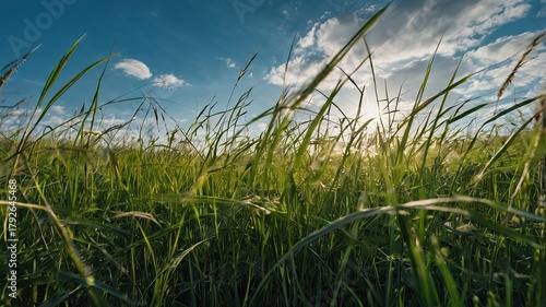 Fototapeta Naklejka Na Ścianę i Meble -  Sunlight filters through lush green grass against a brilliant blue sky, creating a serene and calming scene for nature lovers and outdoor enthusiasts, perfect for spring and summer vibes