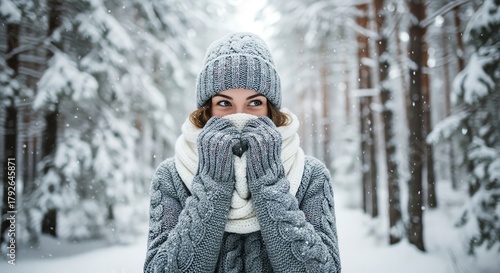 Woman in winter forest covered in snow